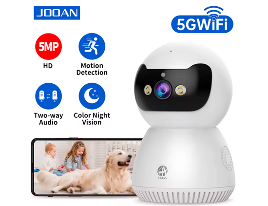 Cámara IP PTZ 5MP Jooan, monitor de bebé Wifi 5G, vigilancia inteligente con seguimiento automático y visión nocturna a color.